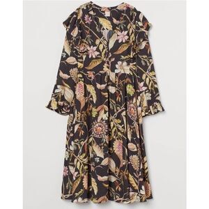H&M Trend Floral Flounce Maxi Dress S Black Brown V-Neck Boho Romantic Rare